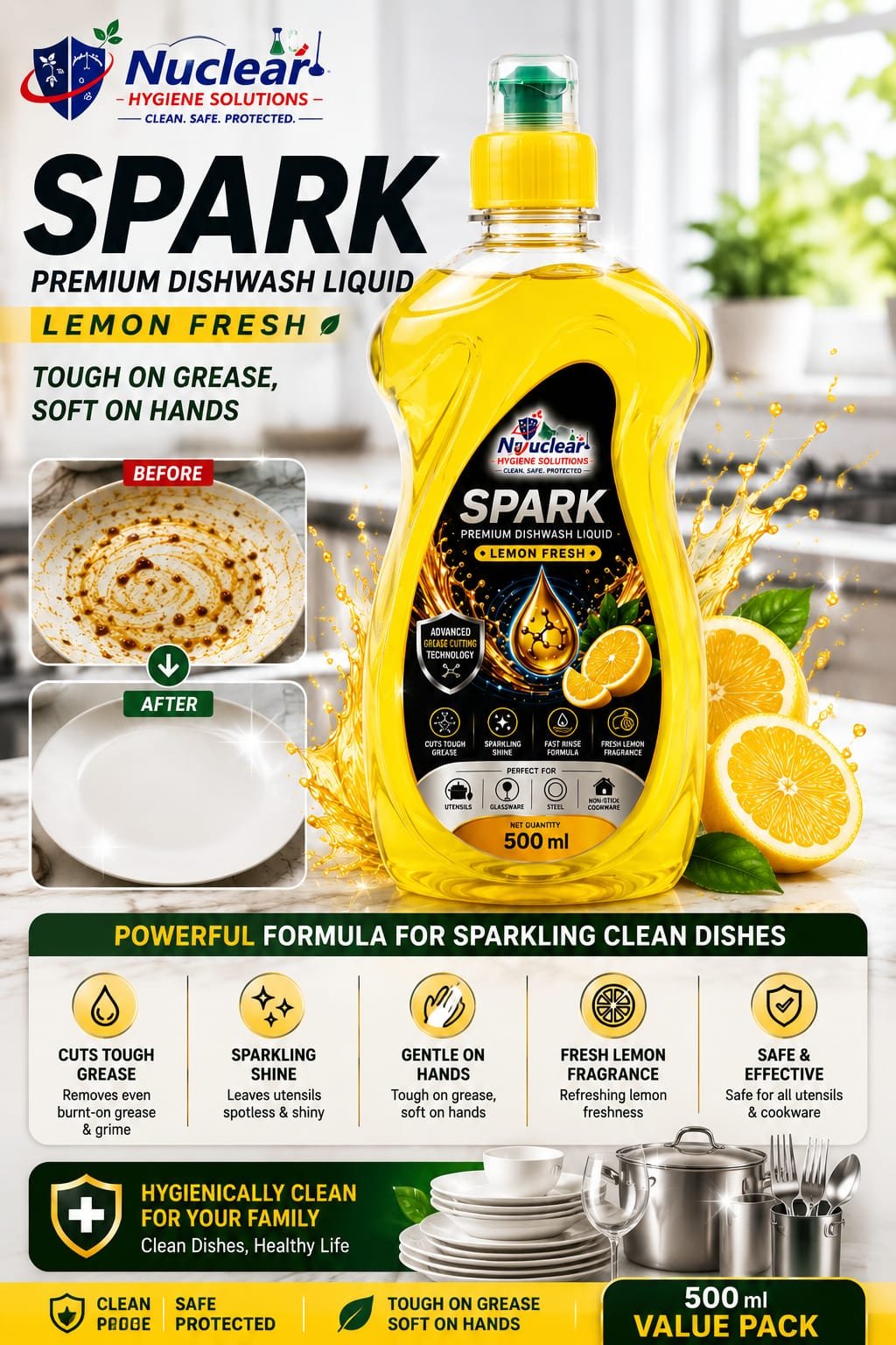 Nuclear SparkX Premium Dishwash Liquid | Lemon Fresh | 500 ml