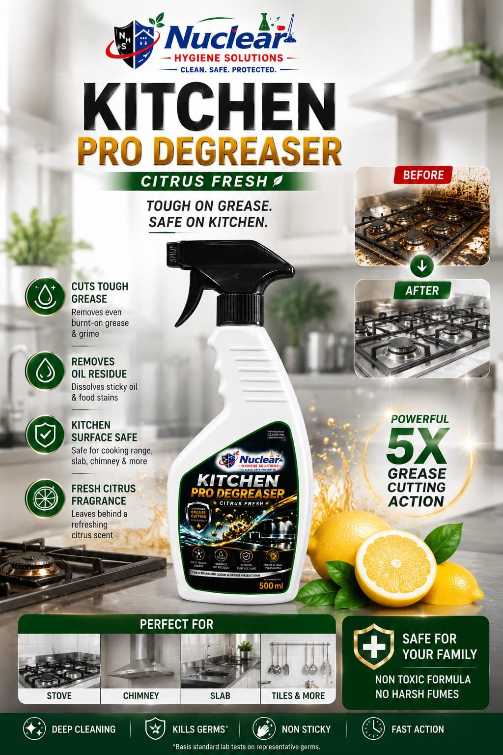 Nuclear Kitchen Pro Degreaser Citrus Fresh Spray 500 ml | | Powerful Grease & Residue Cleaning | 500 ml