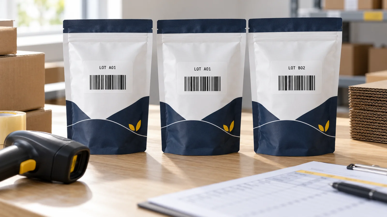 Tea pouches with retail barcode illustrations and separate lot markings beside a scanner and packing record