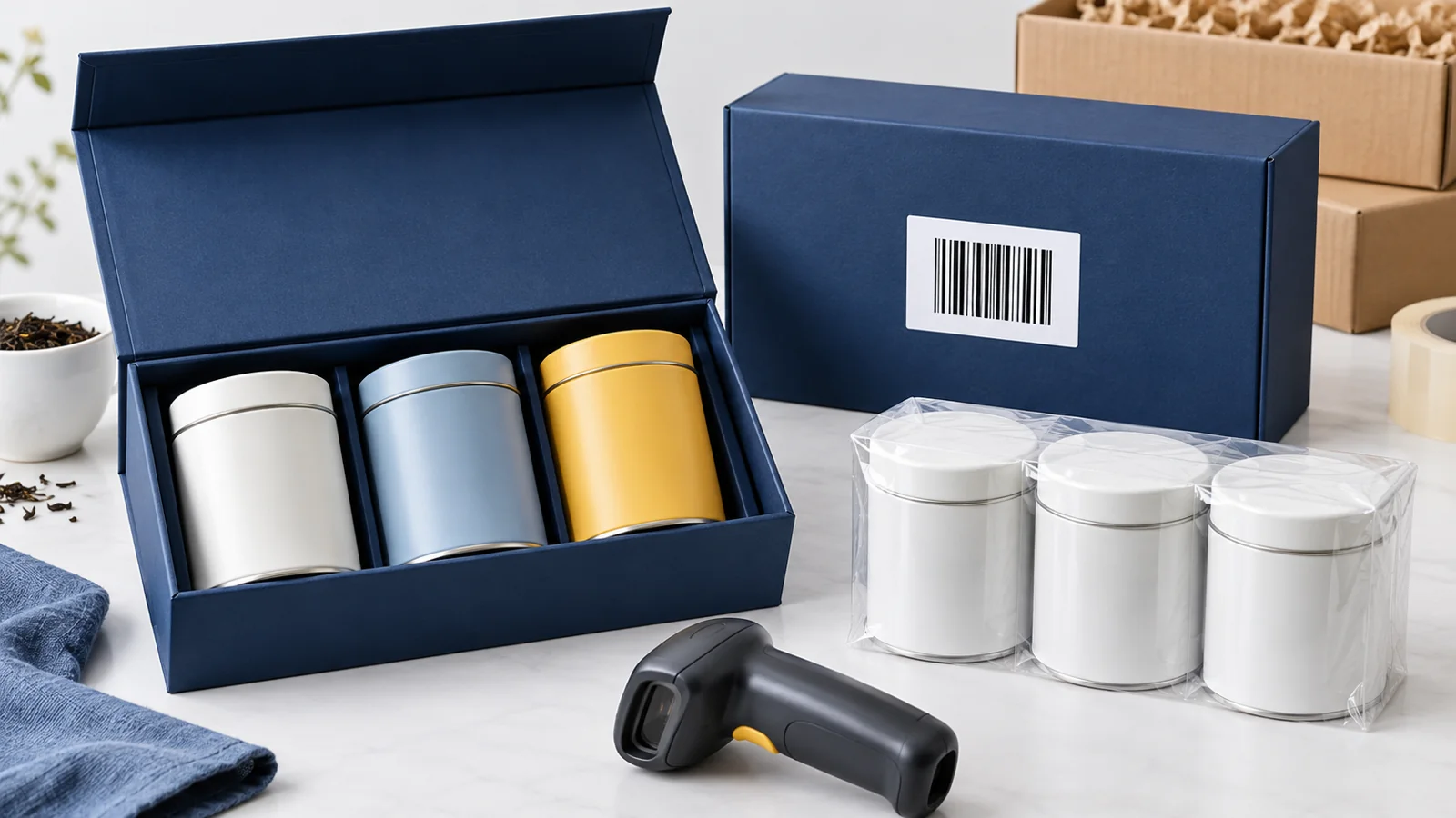 Blue tea gift boxes beside a wrapped three-tin multipack and a handheld barcode scanner