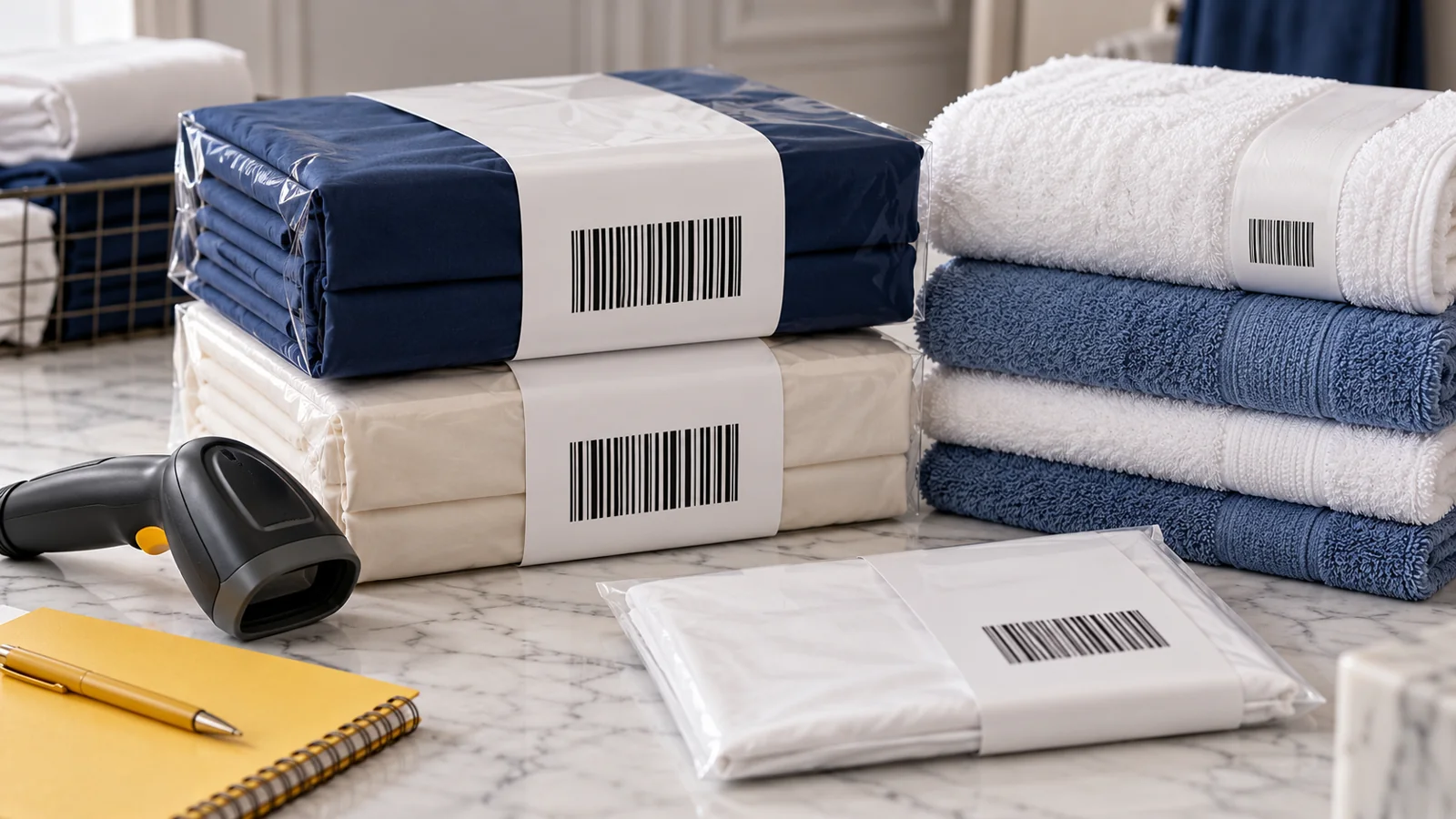 Folded bedsheet packs and stacked towels with barcode sleeve illustrations beside a retail scanner