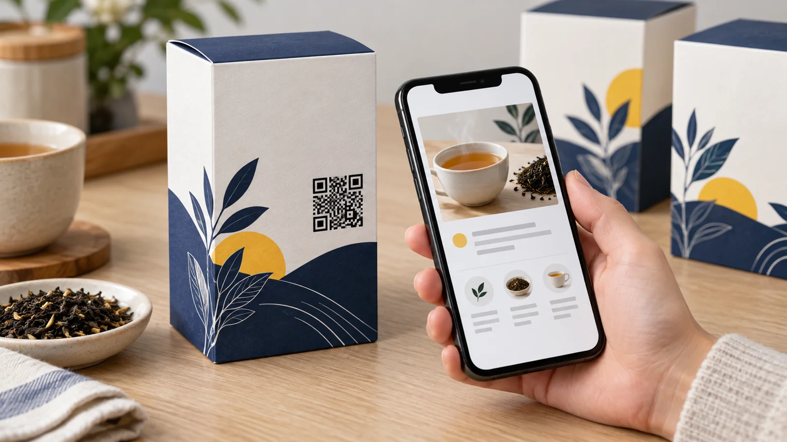 A customer scanning a QR code on a tea carton with a smartphone