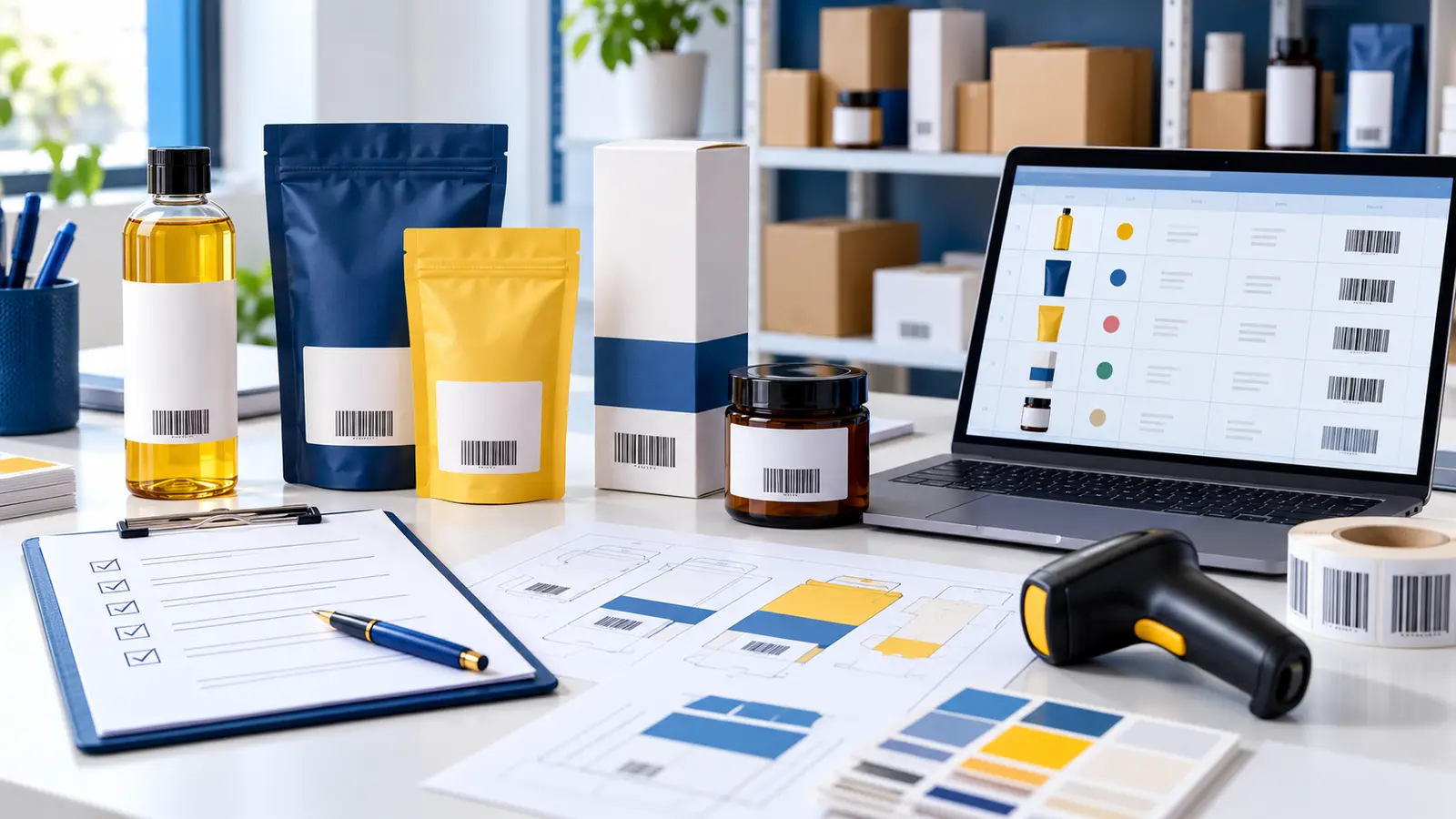 New product packages with barcode labels, launch checklist, product spreadsheet and retail scanner