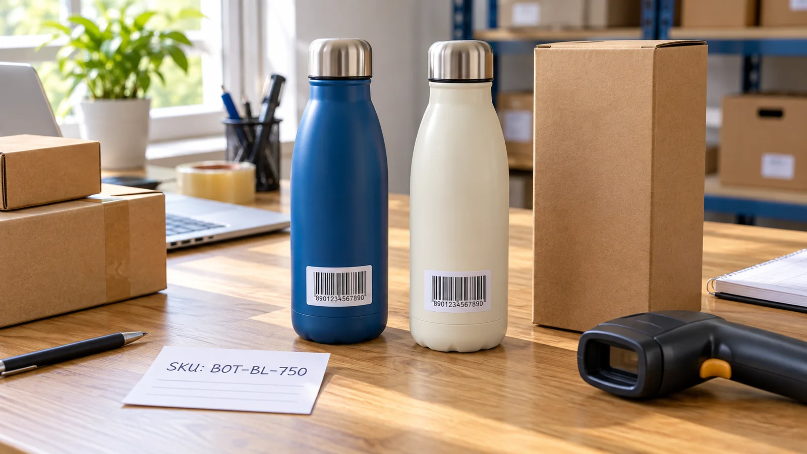 Blue and cream water bottles with illustrative barcode labels beside an SKU card and handheld scanner by yesbarcode.com