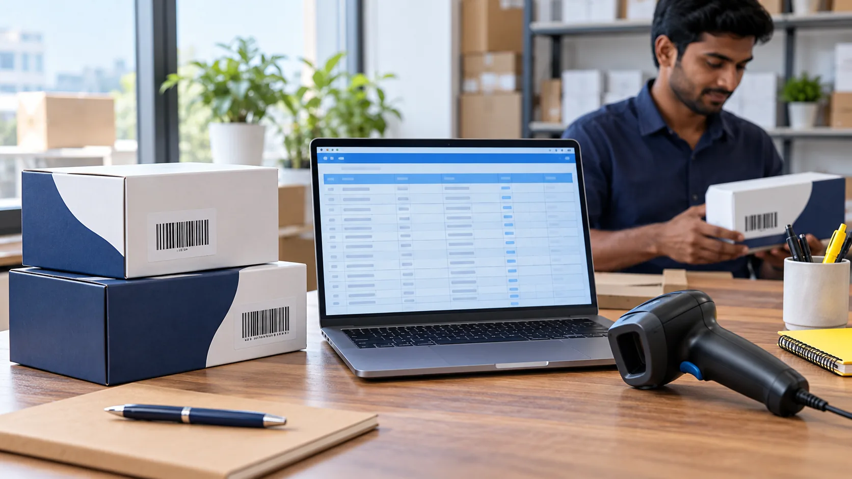 Laptop displaying a product spreadsheet beside barcode-labelled boxes and a handheld scanner on a packing desk.